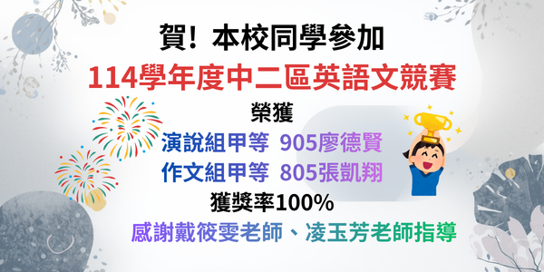 114中二區英語文競賽獲獎公告